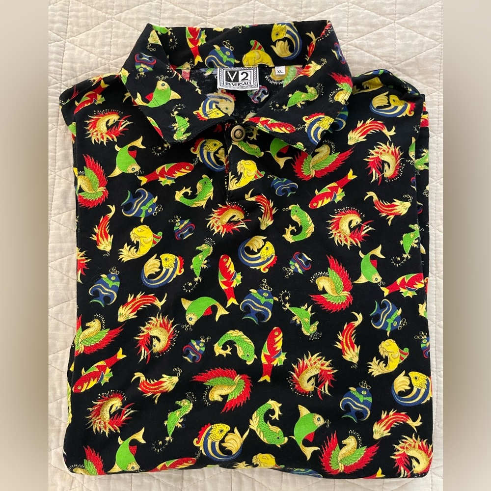 V2 By Gianni Versace Made in Italy Vintage Bright Koi Fish Print Shirt Size XL